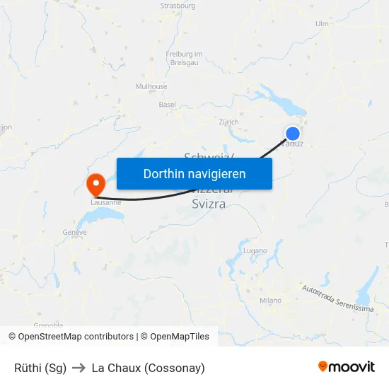Rüthi (Sg) to La Chaux (Cossonay) map
