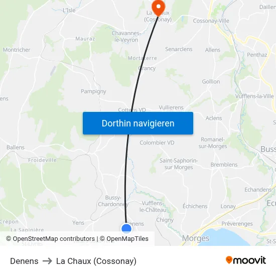 Denens to La Chaux (Cossonay) map