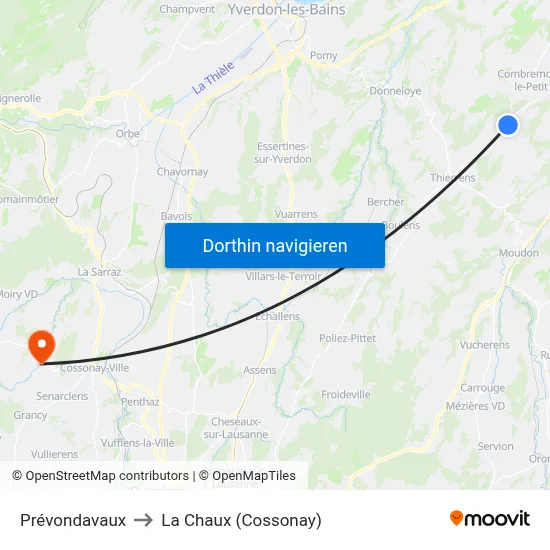 Prévondavaux to La Chaux (Cossonay) map