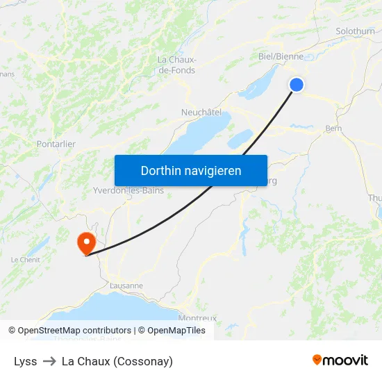 Lyss to La Chaux (Cossonay) map