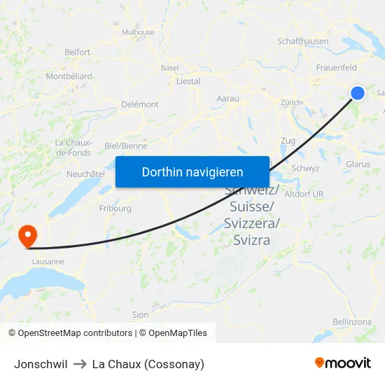 Jonschwil to La Chaux (Cossonay) map