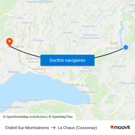 Châtel-Sur-Montsalvens to La Chaux (Cossonay) map