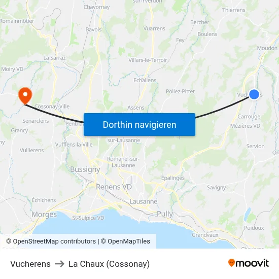 Vucherens to La Chaux (Cossonay) map
