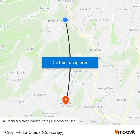 Croy to La Chaux (Cossonay) map