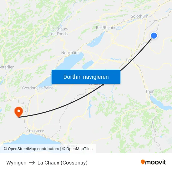 Wynigen to La Chaux (Cossonay) map