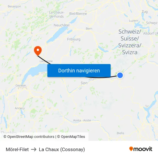 Mörel-Filet to La Chaux (Cossonay) map
