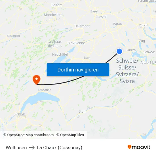 Wolhusen to La Chaux (Cossonay) map