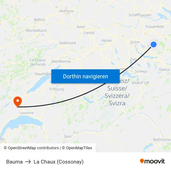 Bauma to La Chaux (Cossonay) map