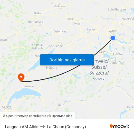 Langnau AM Albis to La Chaux (Cossonay) map