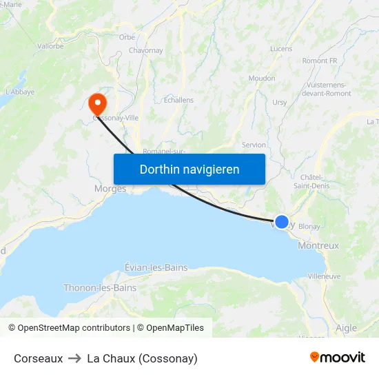 Corseaux to La Chaux (Cossonay) map