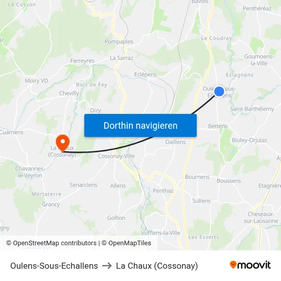 Oulens-Sous-Echallens to La Chaux (Cossonay) map