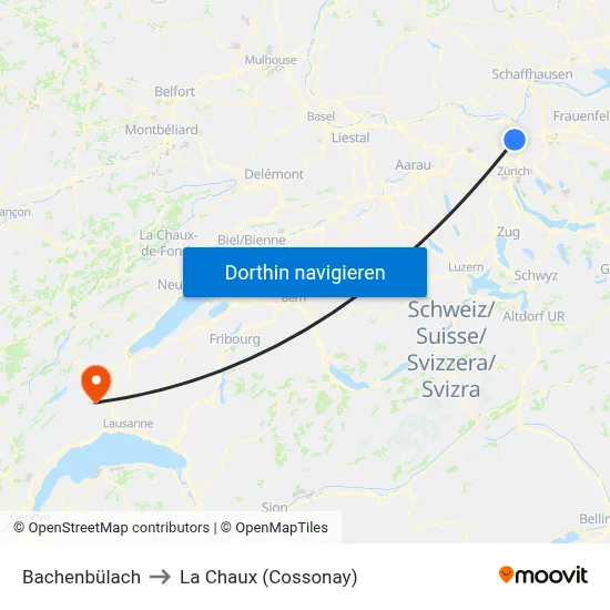 Bachenbülach to La Chaux (Cossonay) map