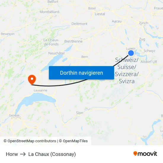 Horw to La Chaux (Cossonay) map