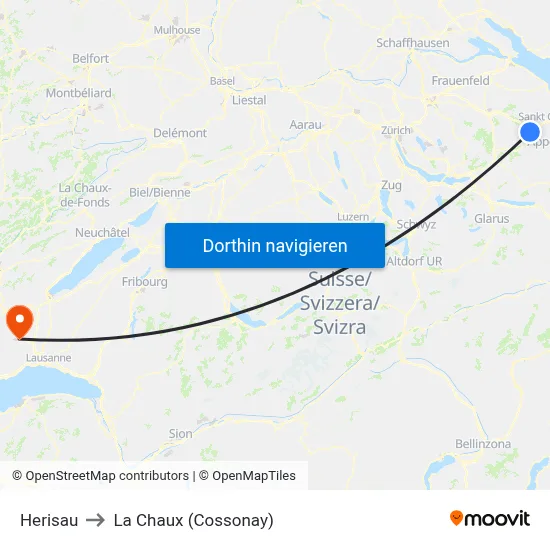 Herisau to La Chaux (Cossonay) map