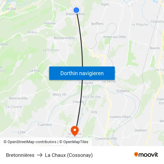 Bretonnières to La Chaux (Cossonay) map