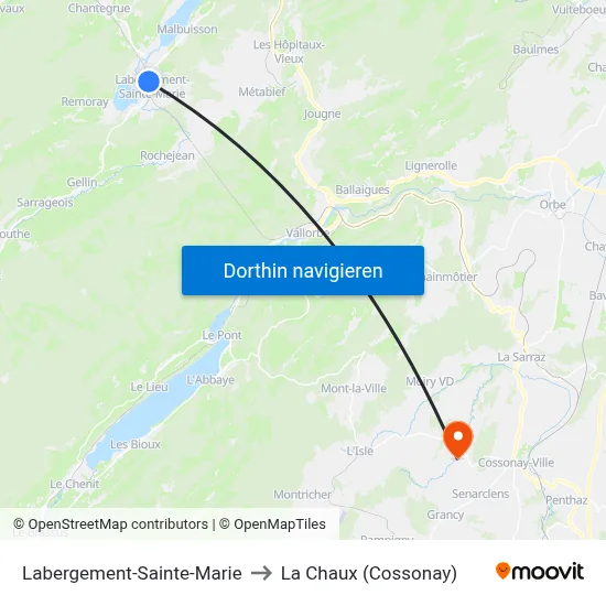 Labergement-Sainte-Marie to La Chaux (Cossonay) map