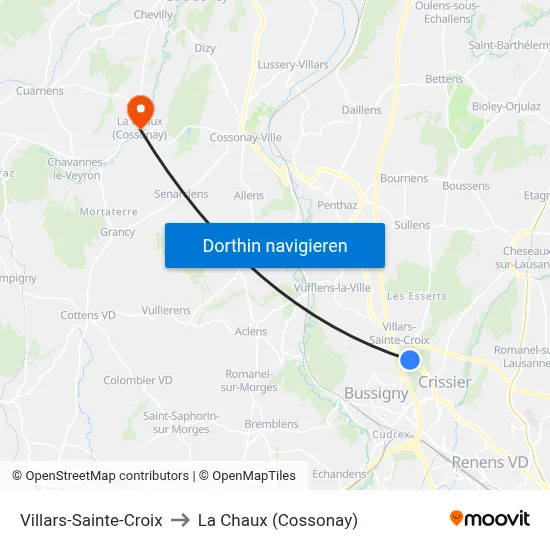 Villars-Sainte-Croix to La Chaux (Cossonay) map