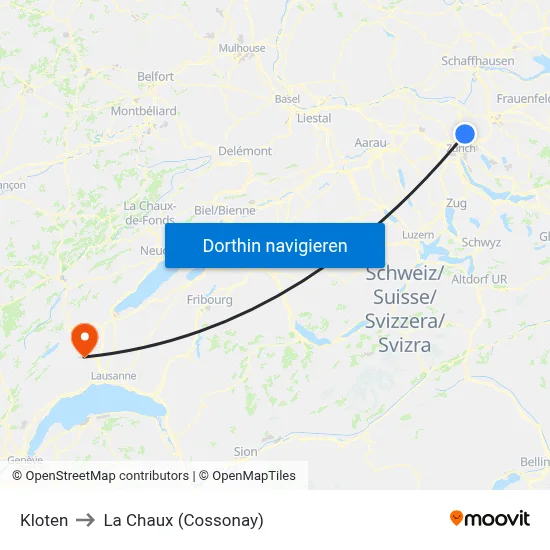 Kloten to La Chaux (Cossonay) map