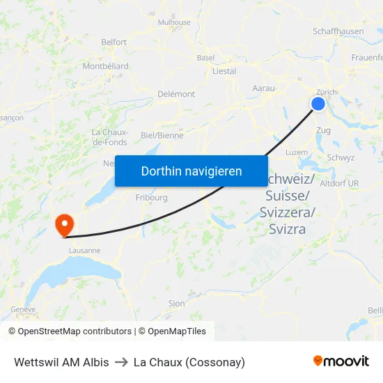 Wettswil AM Albis to La Chaux (Cossonay) map