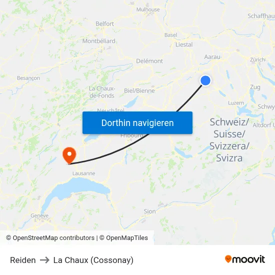 Reiden to La Chaux (Cossonay) map