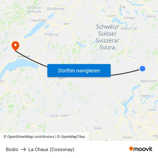 Bodio to La Chaux (Cossonay) map