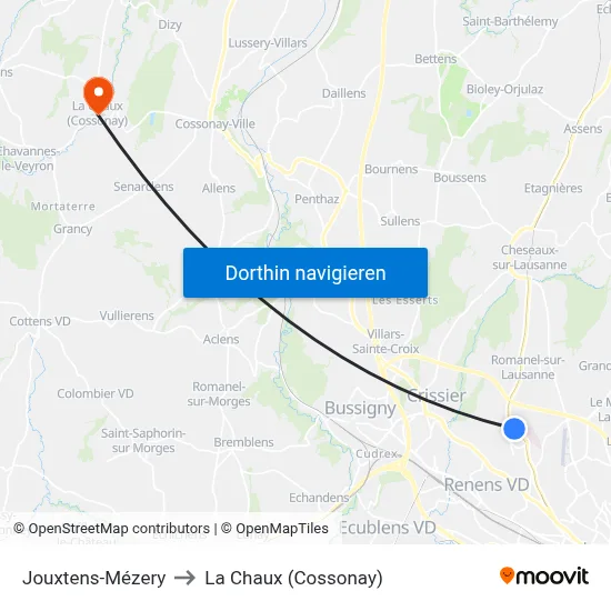 Jouxtens-Mézery to La Chaux (Cossonay) map