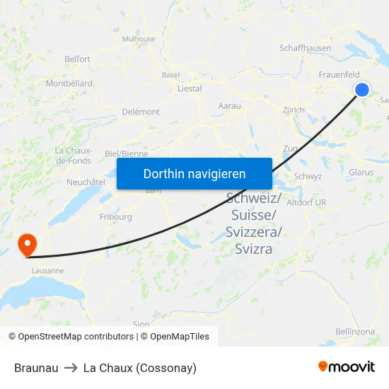 Braunau to La Chaux (Cossonay) map