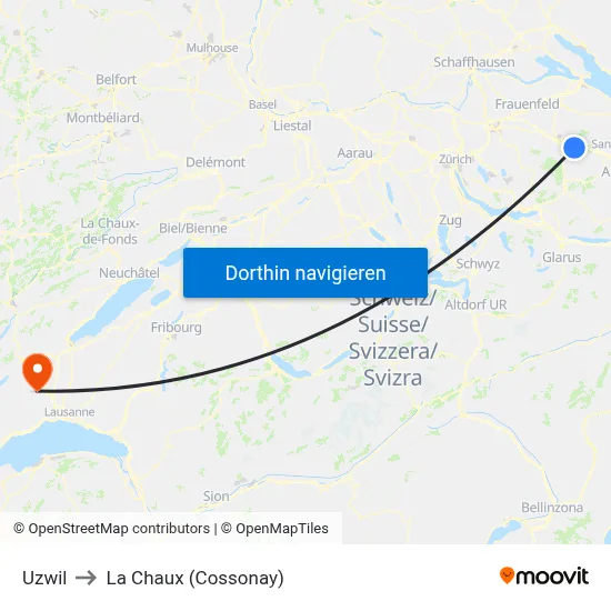 Uzwil to La Chaux (Cossonay) map
