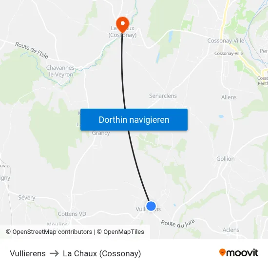 Vullierens to La Chaux (Cossonay) map
