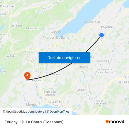 Fétigny to La Chaux (Cossonay) map
