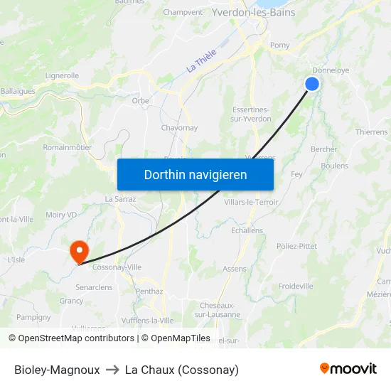 Bioley-Magnoux to La Chaux (Cossonay) map