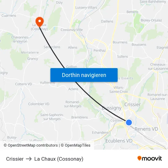 Crissier to La Chaux (Cossonay) map