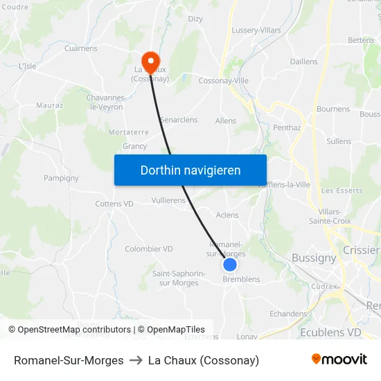 Romanel-Sur-Morges to La Chaux (Cossonay) map