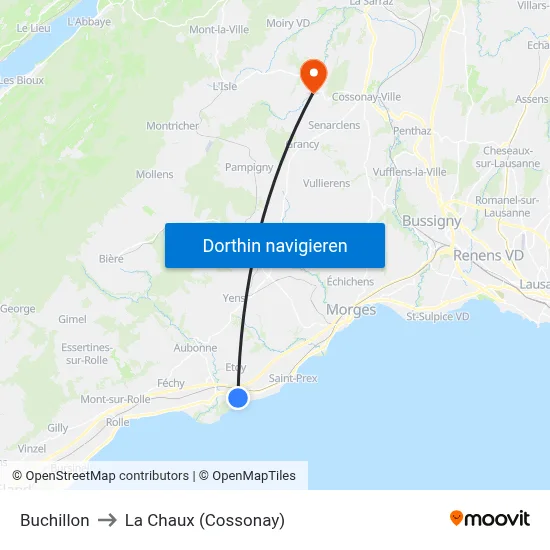 Buchillon to La Chaux (Cossonay) map