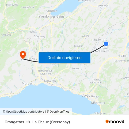 Grangettes to La Chaux (Cossonay) map