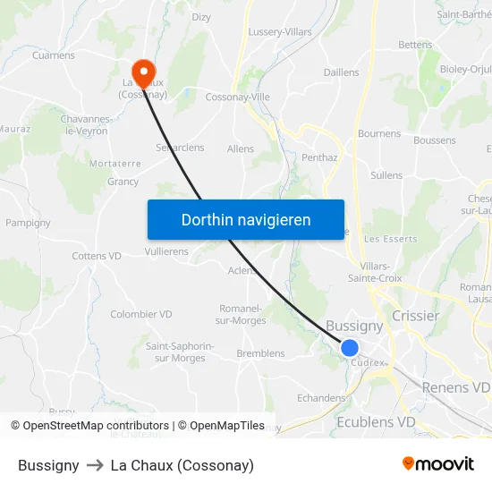 Bussigny to La Chaux (Cossonay) map