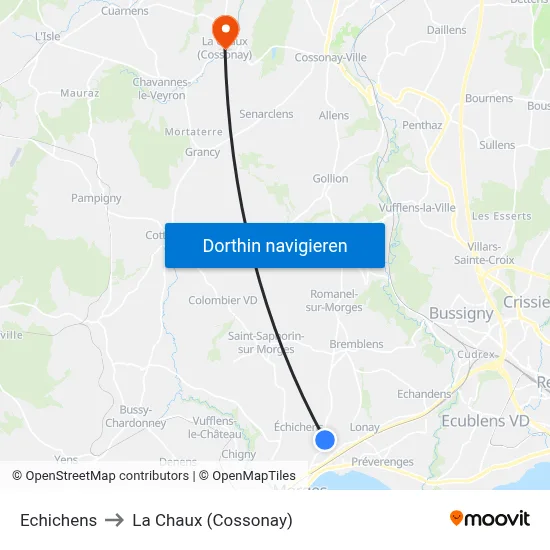 Echichens to La Chaux (Cossonay) map