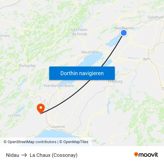Nidau to La Chaux (Cossonay) map