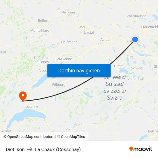 Dietlikon to La Chaux (Cossonay) map