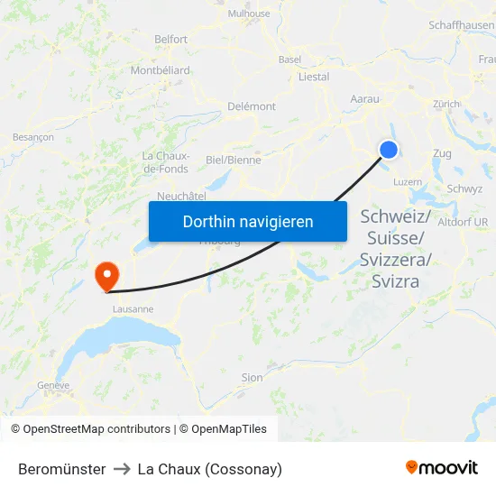 Beromünster to La Chaux (Cossonay) map