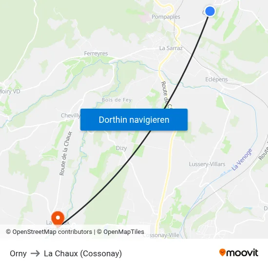 Orny to La Chaux (Cossonay) map