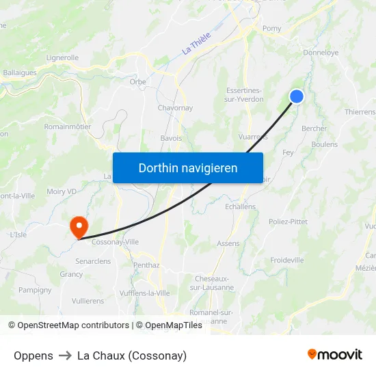 Oppens to La Chaux (Cossonay) map