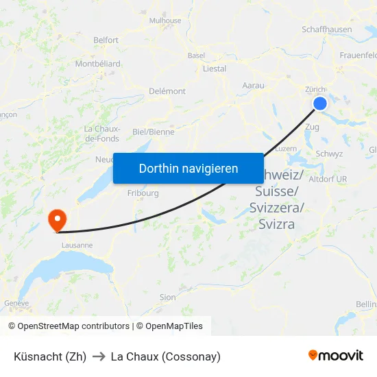 Küsnacht (Zh) to La Chaux (Cossonay) map