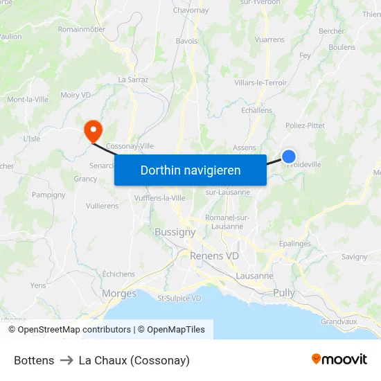 Bottens to La Chaux (Cossonay) map
