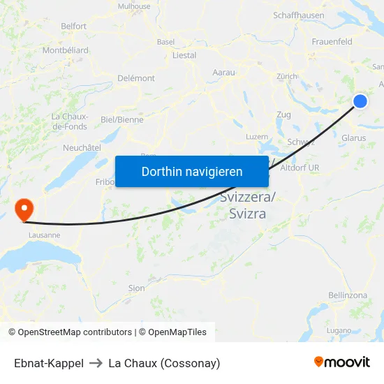 Ebnat-Kappel to La Chaux (Cossonay) map
