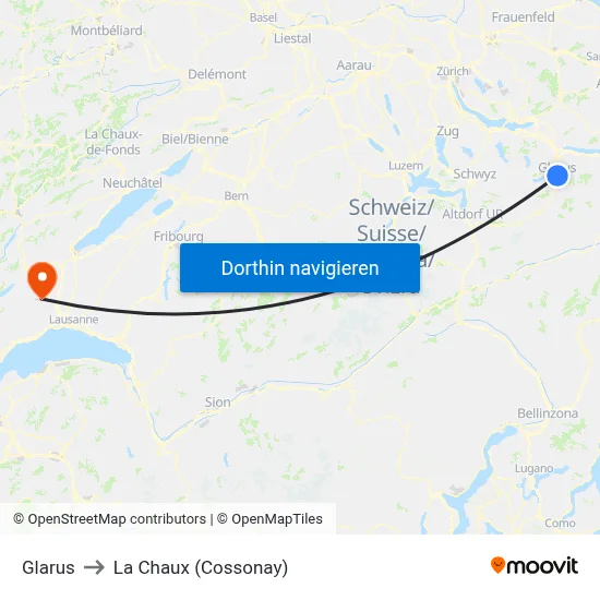 Glarus to La Chaux (Cossonay) map