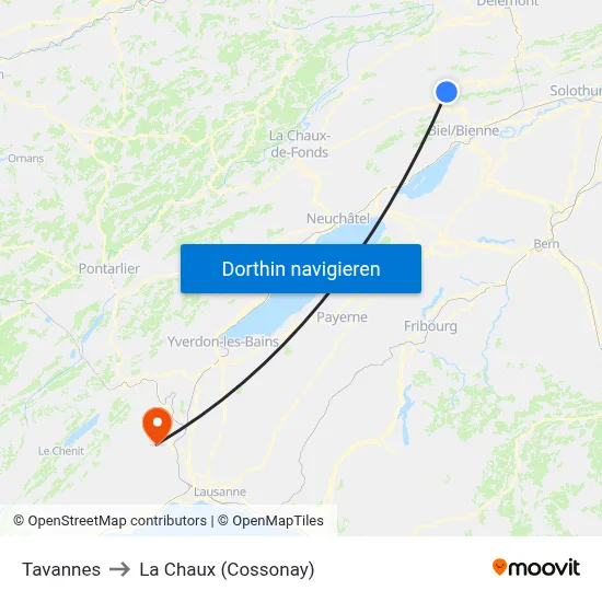 Tavannes to La Chaux (Cossonay) map