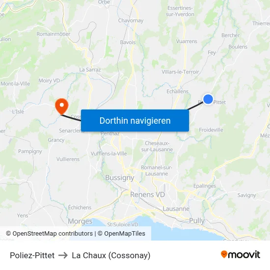 Poliez-Pittet to La Chaux (Cossonay) map