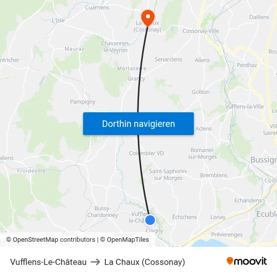 Vufflens-Le-Château to La Chaux (Cossonay) map