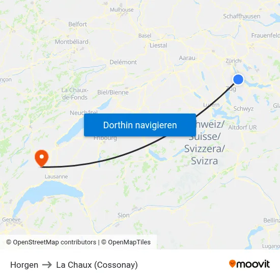 Horgen to La Chaux (Cossonay) map